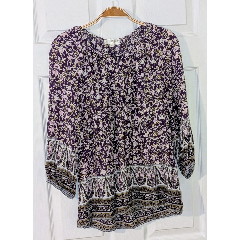 KENAR Floral Print Peasant Blouse Top Long Sleeve‎ Purple Size L
